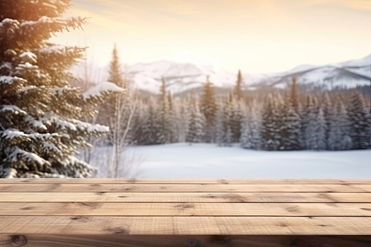 Empty Wooden table and winter landscape background