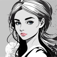 AI generated portrait of a beautiful girl with blue eyes. Beautiful woman with long hair. White woman smiling portrait vector illustration.