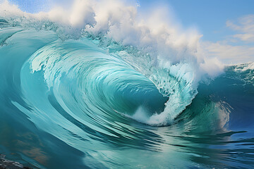 Dynamic, aqua wave rushes towards coastal beach, showcasing power and fluidity of nature. - obrazy, fototapety, plakaty