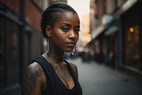 Horizontal portrait of a beautiful African American woman with a tattoo on her body wearing a black top, gold jewelry, earrings, necklace on a city street. Copy Space