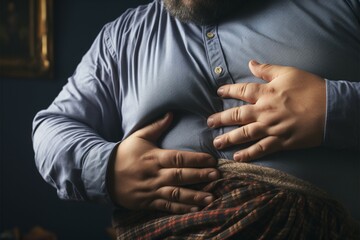 Excessive adiposity A hand clutches extra abdominal fat, signifying obesity - obrazy, fototapety, plakaty