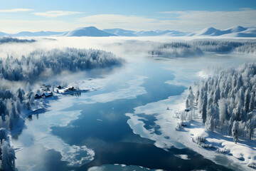 Fototapeta na wymiar Foggy winter morning, frozen lake, blue toned, aerial view.