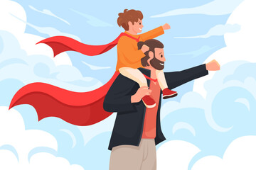 Dad superhero, family scene for Fathers day greeting card vector illustration. Cartoon happy daddy in red cape carrying son on shoulders to protect and play, man and boy with hero costume and pose
