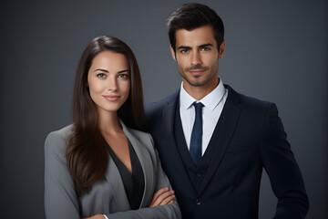 A woman in a gray blazer stands next to a man in a blue suit on a gray background