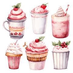 set of christmas cupcakes and desserts and smoothies, drinks and beverages watercolor vectors
