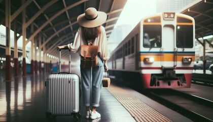 Woman Tourist with Luggage, Wanderlust Concept - obrazy, fototapety, plakaty