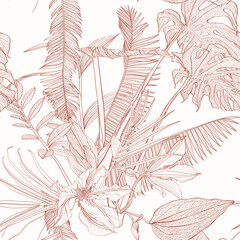 Tropical exotic floral line palm leaves and flowers seamless pattern, line background. Exotic jungle wallpaper.	 - 661052740