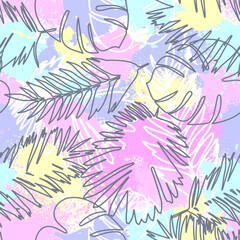 Fototapeta na wymiar Fashion tropics funny wallpapers. Seamless pattern with leaf on pastel colourful background.