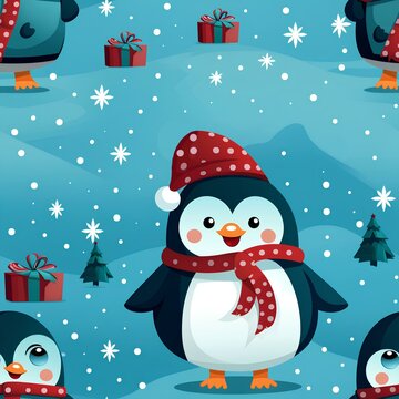 Seamless pattern of cartoon Christmas penguin and gifts. Generative AI.