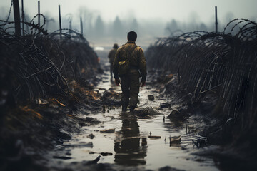 Image of soldier crosses barbed wire on war front line. - obrazy, fototapety, plakaty
