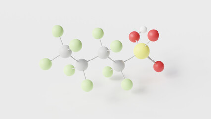 perfluorobutanesulfonic acid molecule 3d, molecular structure, ball and stick model, structural chemical formula pfbs