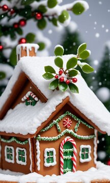 Photo Of Christmas Mistletoe Atop A Gingerbread House With A Snow-Covered Roof