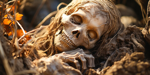 Grim assembly of numerous human skeletons and skulls, portraying a mass grave's haunting sorrow.