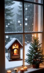 Photo Of Christmas Candlelit Window With A View Of A Snowy Birdhouse And Pine Tree