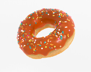 Delicious bright donut with caramel glaze and colorful topping. Donut on a white background. 3D realistic image