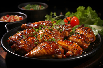 Mouthwatering grilled barbecue chicken with crispy skin and juicy white meat delicacy. - obrazy, fototapety, plakaty