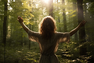In the midst of a forest clearing, a woman stands with her arms lifted, her armpit hair catching the dappled sunlight, highlighting the connection between nature and her uninhibite 