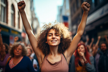 In the midst of a vibrant protest, a woman raises her arms, her armpit hair a symbol of her feminist stance, amidst a crowd advocating for gender equality and self-determination.  - obrazy, fototapety, plakaty
