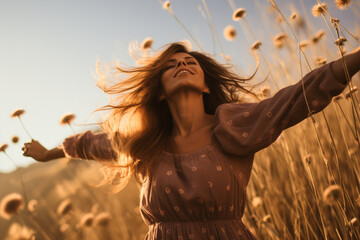 Amidst a field of wildflowers, a woman stands with her arms outstretched, her armpit hair swaying in the gentle breeze, symbolizing her connection with the untamed beauty of the na 