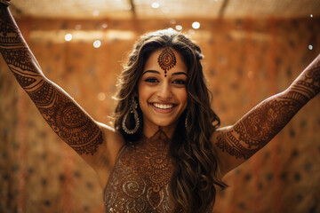 In a traditional henna ceremony, a woman lifts her arms in a celebratory gesture, her armpit hair beautifully adorned with intricate henna designs, marking a cultural tradition and  - obrazy, fototapety, plakaty