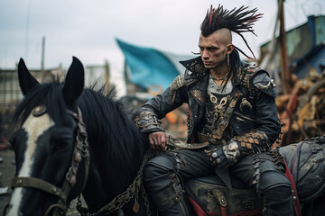 In a post-apocalyptic wasteland, a punk-clad man rides a horse, his leather jacket adorned with spikes, studded boots, and colorful, anarchic accessories reflecting his bold and re  - obrazy, fototapety, plakaty