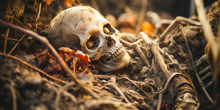 Grim image of human mass grave featuring numerous skeletons and skulls, evoking sadness.
