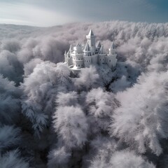 castle in the snowed forest light white winter snow