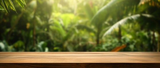 Mockup wooden table for product presentation upon the blurred background of jungle and tropical forest
