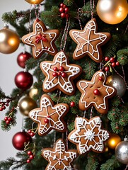 Photo Of Christmas Gingerbread Cookies Hanging From A Tree Adorned With Mistletoe And Lanterns