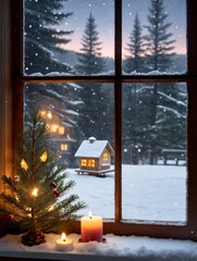 Photo Of Christmas Candlelit Window With A View Of A Snowy Birdhouse And Pine Tree