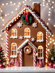 Photo Of Christmas Gingerbread House With Fairy Lights And A Wreath On The Door