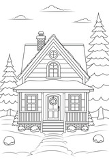 Coloring page a christmas house covered in snow.