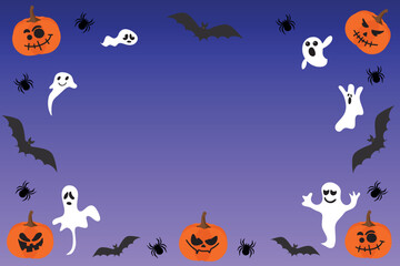 Festive background. Happy Halloween banner. Illustration with bats, ghosts and spiders. Vector illustration