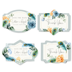 Naklejka premium beautiful floral label collection flower and peacock feather