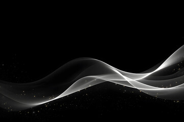 black background with glowing white waves flowing horizontally and scattered golden stars