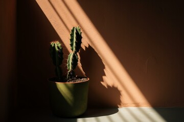 a cactus in a white pot on a bright wall with a plant's shadow behind it and another wall. Generative AI