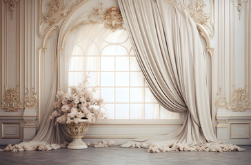 Wedding backdrop For Photography featuring luxurious drapery with a dark white and beige theme - obrazy, fototapety, plakaty