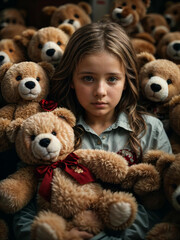 Young girl surrounded by teddy bears, symbolizing orphanhood, childhood innocence, childhood resilience, companionship, childhood solitude, emotional support. Generative AI