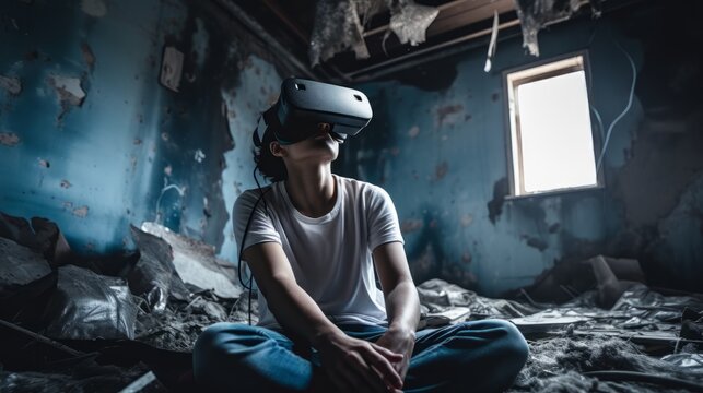 A teen wearing vr glasses in a destroyed building.generative ai

