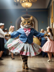 Dancing cat in a skirt