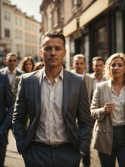 Group of business people gathered on sunny city street, Corporate professionals enjoying free time after work hours, corporate meeting outdoors, urban business concept. Generative AI