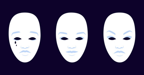 3 white plain carnival masks. Masquerade performance tools. Different mood expressions. Positive, sad and anger feelings. Vector illustration. Mental health concept.