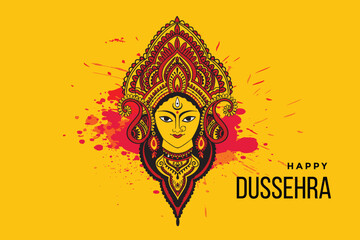 Happy Durga Puja Subh Navratri Festival, Hindu Goddess Durga Face Illustration