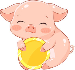 Cute kawaii pig with coin. Concept of piggy bank with coin, financial cushion, savings © Sonika