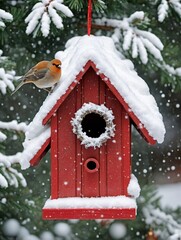 Photo Of Christmas Snow-Covered Birdhouse