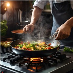 Stir fry vegetables in a wok on a gas stove
