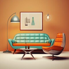 Modern living room interior design with furniture. 3d render illustration.