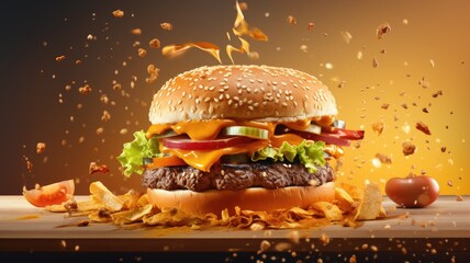 Burger, hamburger, cheeseburger, fastfood. Web banner with copy space