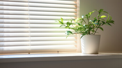 A green plant in a white pot stands on a windowsill in a room.
