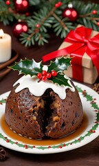 Fototapeta na wymiar Photo Of Christmas Pudding With A Sprig Of Holly